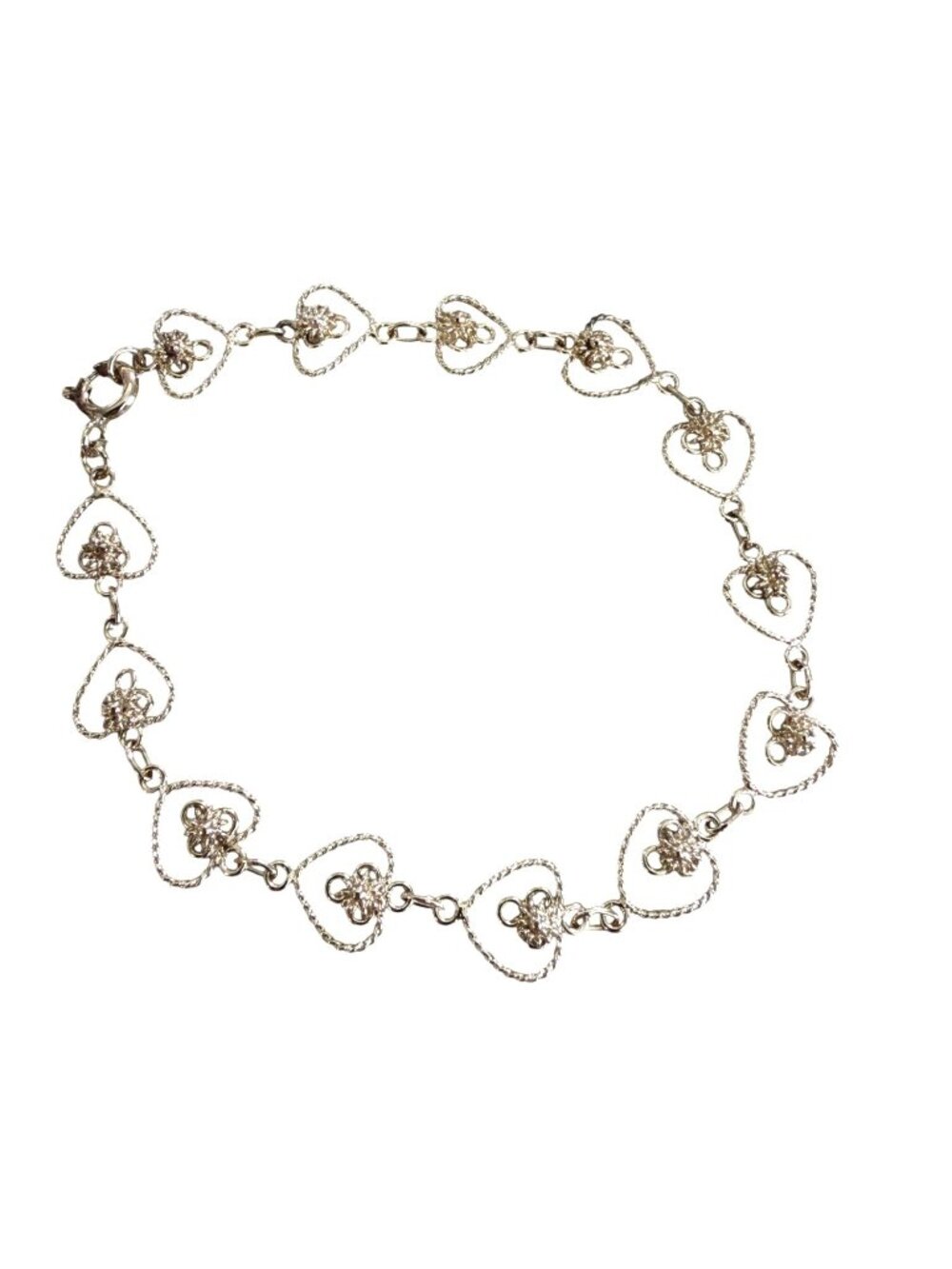 Vintage 925 Gold Heart Link Bracelet Floral 7" Pretty Feminine
